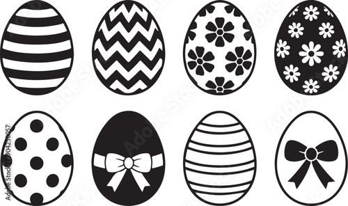 Collection of eight decorative easter egg silhouettes with various patterns isolated on transparent background