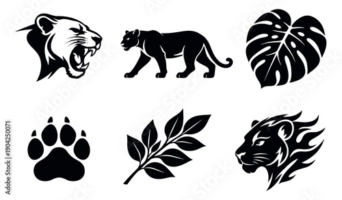 Stylized big cat and tropical leaf graphic set featuring roaring heads, a walking panther, a paw print, and various tropical leaves for branding and design projects