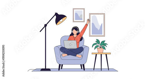 Successful young woman celebrating an achievement while working from home in a cozy living room with a laptop and armchair.