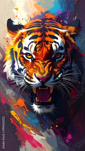 Colorful digital painting of a roaring tiger with striking orange and black stripes