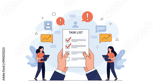 Large hands hold a completed task list while office workers manage projects in the background with business icons and data charts.