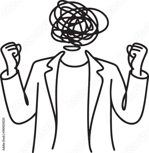 Continuous one line drawing businesswoman with round scribbles instead of head. Angry woman raised fist, shout or screaming expression. Woman expresses negative emotion. Single line draw design vector