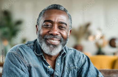 Smiling senior african american man with gray hair and beard wearing a denim shirt in a cozy home setting