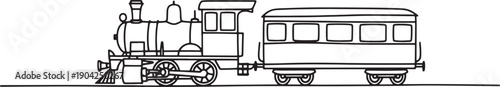 Vintage steam locomotive train with passenger carriage in simple line art style