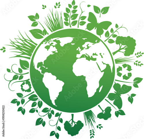 Green eco friendly world concept featuring globe surrounded by organic leaves and floral silhouettes for environmental conservation project