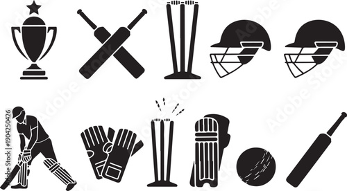 Cricket related icon set. Cricket game vector collection isolated on transparent background. Ball, Bat, gloves, best man, helmet, wicket, cup trophy and cap or more elements. Sports sign for web app