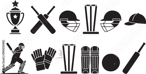 Cricket related icon set. Cricket game vector collection isolated on transparent background. Ball, Bat, gloves, best man, helmet, wicket, cup trophy and cap or more elements. Sports sign for web app