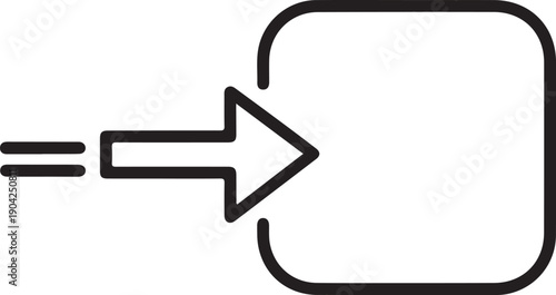 Minimalist black outline arrow icon pointing into square box for direction and navigation interface design element in digital media art