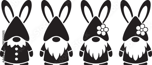 Cute Springtime gnome characters and flowers black silhouette design set. Transparent background. SVG