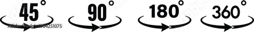 45 90 120 180 360 degree icon set in flat style. Different degree view rotation set. 360 degree view. Minimal interface icon, symbol. Different degrees icon set. 45-360 degrees. Vector graphic. 