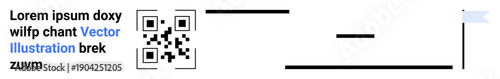 Digital marketing, technology, scanning tools, visual design, data collection, modern communication. QR code accompanied by scattered text and lines. Digital marketing and technology concept