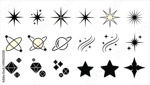  Y2K vector set of star shapes, starbursts, sparkles, and orbit elements. Abstract minimal twinkles with cosmic orbits, classic retro star forms, and modern retro-futuristic icons