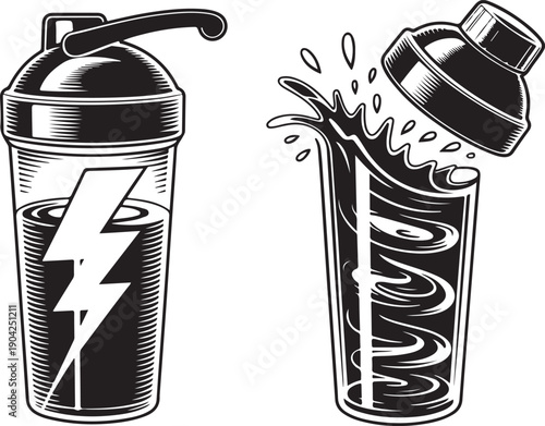 Dynamic protein shaker bottles with splashing liquid and energy lightning bolts