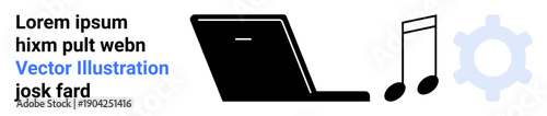Technology, music production, settings, configuration, digital tools, online work. A laptop next to music notes and a gear. Technology and music production concepts
