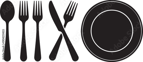 Tableware Icon Set Fork, Knife, Spoon and Plate Flat Vector