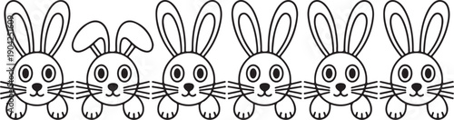 Easter bunny face, rabbit ear with paw, whisker. Doodle hare, black cute line character vector icon isolated on white background. Animal hand drawn illustration