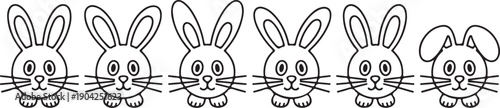 Easter bunny face, rabbit ear with paw, whisker. Doodle hare, black cute line character vector icon isolated on white background. Animal hand drawn illustration