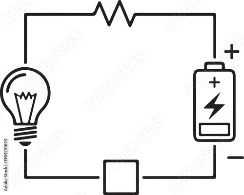 Simple electric circuit diagram with light bulb, battery, resistor, basic physics experiment illustration