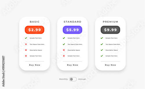 simple 3 option subscription plan table layout design
