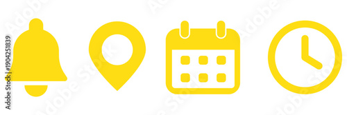 Bell, location, time, calendar and notification icons set. Flat simple illustrations of bell, pin, date and clock.