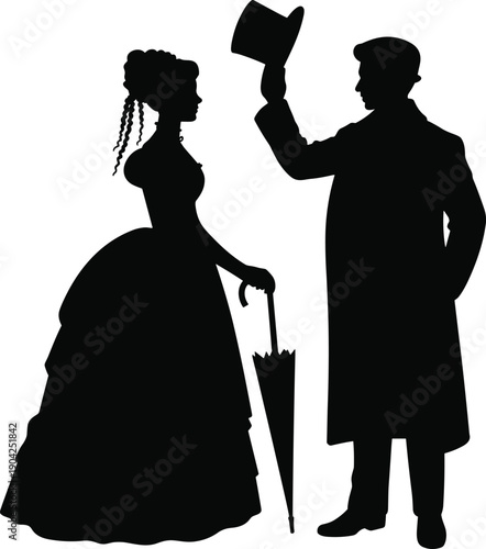 Black silhouette vector illustration of Victorian gentleman tipping top hat to lady in vintage dress holding umbrella, isolated on white.