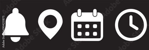 Bell, location, time, calendar and notification icons set. Flat simple illustrations of bell, pin, date and clock.