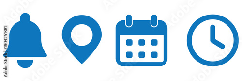 Bell, location, time, calendar and notification icons set. Flat simple illustrations of bell, pin, date and clock.