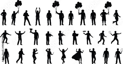 Black silhouette icons set featuring people with balloons, trophies, skateboards, tennis rackets, playing violin, dancing, cheering, and celebrating personal success