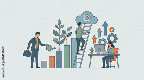 Business team working on growth strategy, investment, and technology development