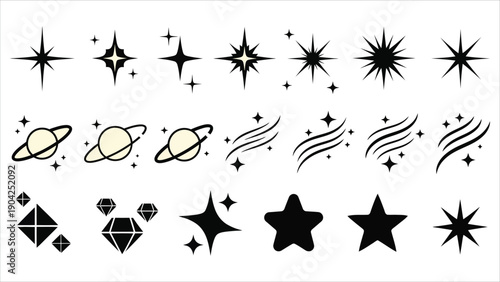  Y2K vector set of star shapes, starbursts, sparkles, and orbit elements. Abstract minimal twinkles with cosmic orbits, classic retro star forms, and modern retro-futuristic icons