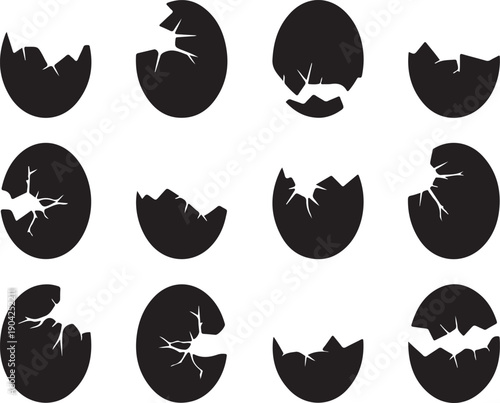 Easter egg vector icon set. Broken eggs icon set. Cracked eggs symbols. Vector illustration. Ester eggs shell. Broken Easter egg silhouette symbol elements. Ester eggs shell.