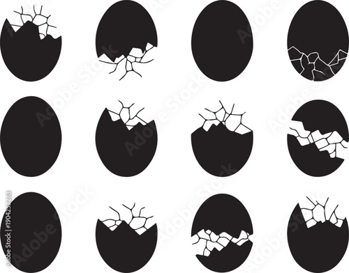 Easter egg vector icon set. Broken eggs icon set. Cracked eggs symbols. Vector illustration. Ester eggs shell. Broken Easter egg silhouette symbol elements. Ester eggs shell.