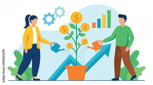 Business people watering money tree for financial investment growth
