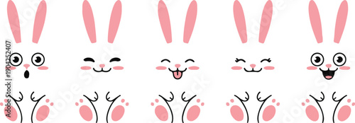 Easter egg with bunny ear and paw. Cute rabbit emoji face icon, cartoon animal character set isolated on white background. Holiday vector illustration
