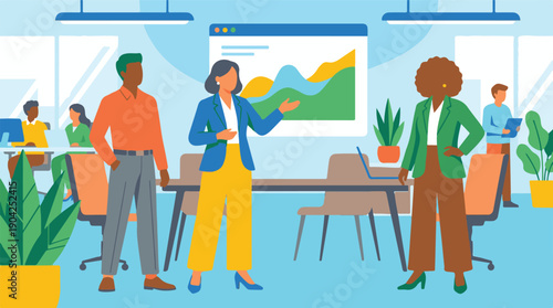 Modern business office with diverse team collaborating and presenting