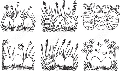 Easter Eggs Border and Spring Meadow Doodle Elements black shape vector laser cutting engraving monochrome print