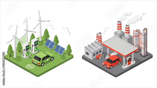 Electric vehicle charging compared to gasoline and diesel refueling. Renewable solar and wind energy versus outdated, polluting fossil fuel refinery power generation