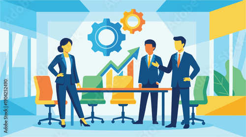 Business team collaborating on strategy, growth, and development in office