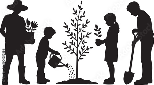 Family planting trees and gardening outdoor poses silhouette set.