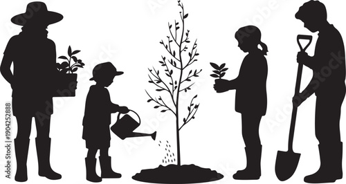Family planting trees and gardening outdoor poses silhouette set.