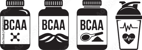 Fitness supplements vector icons set, bcaa powder, capsules, sports drinks
