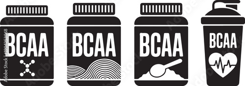 Fitness supplements vector icons set, bcaa powder, capsules, sports drinks