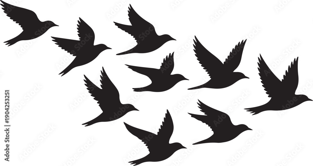Obraz premium Flock of cranes or stork black silhouette in flying. Vector flat illustration of bird migration isolated on transparent background