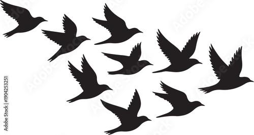 Flock of cranes or stork black silhouette in flying. Vector flat illustration of bird migration isolated on transparent background
