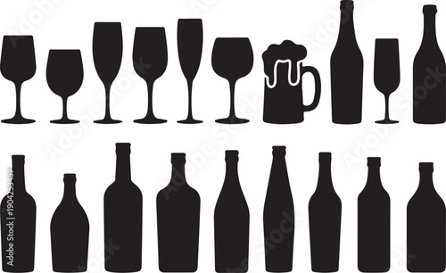 Food set of alcohol bottles and glasses