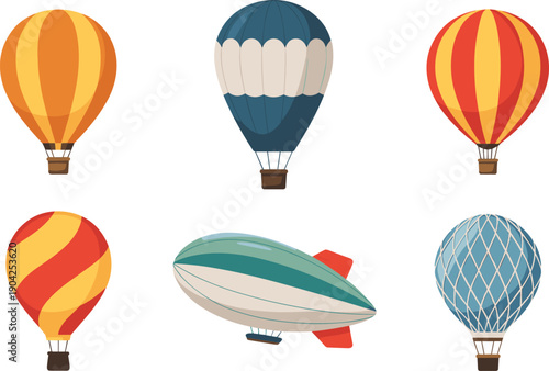 hot, air, balloon, zeppelin, airship, vector, illustration, cartoon, flat, colorful, aviation, travel, sky, adventure, transport, design, icon, set, collection, clipart
