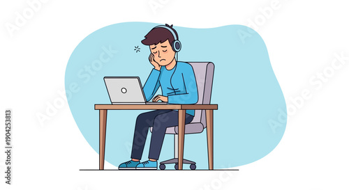 Exhausted Young Man Wearing Headphones Drowsily Working on Laptop at Desk