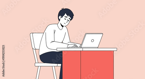 Young Man Diligently Working on Laptop at Desk in Simple Flat Illustration