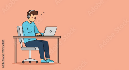 Tired young man in headphones sleeping at desk while working on laptop, illustrating burnout
