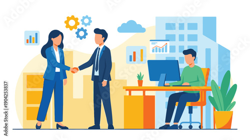 Business professionals shaking hands, data analytics and office workflow